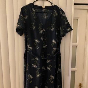 Navy blue floral dress, with tie belt